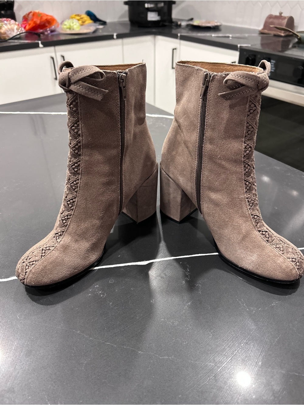 Bettye Muller Brown Leather Suede Ankle Booties Satin Bow Embroidered Shaft Boho